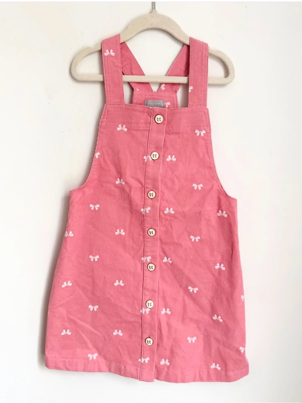 Tahari Pink Bow Print Button-Front Pinafore Dress (Size 6)